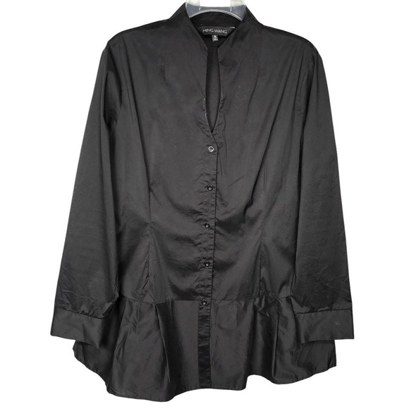Ming Wang Black‎ Long Sleeve Ruffled Hem Button Down Size Medium - Picture 1 of 5